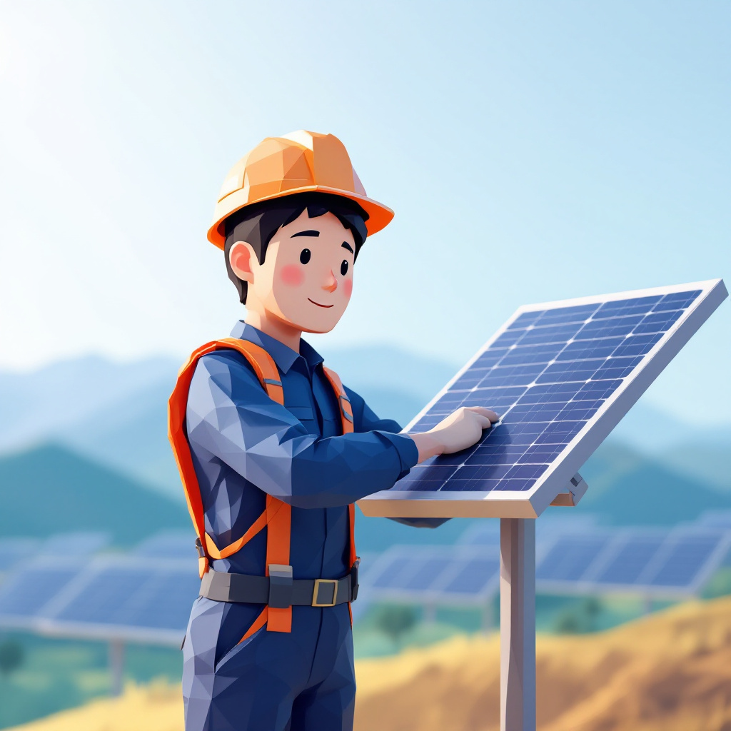 太陽光施工スタッフ（架台・パネル・電気）のキャラクターイラスト
